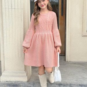 Vestido casual de punto cintura acampanada cuello redondo rosa