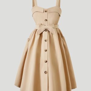 Vestido casual bolsillos laterales con tirantes caqui