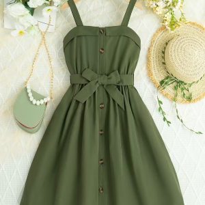 Vestido casual verde con cinturón y tirantes verde