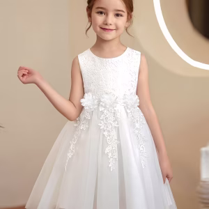 Vestido fiesta encaje aplicación floral 3d blanco manga cero