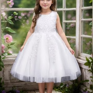 Vestido blanco bordado flores manga cero con encaje fiesta