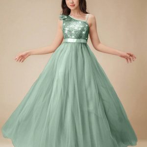 Vestido elegante maxi tul asimétrico verde