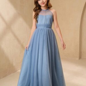 Vestido de fiesta tul elegante cuello halter celeste