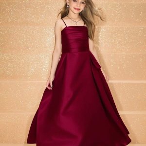 Vestido fiesta satén con lazo linea A burdeos