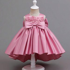 Vestido fiesta kids de satén aplicación rosas 3d palo rosa