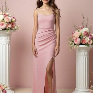 Vestido elegante plisado costado tirantes lazo atrás rosa