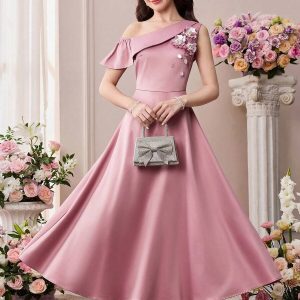 Vestido de fiesta flores 3d satén asimétrico maxi rosa