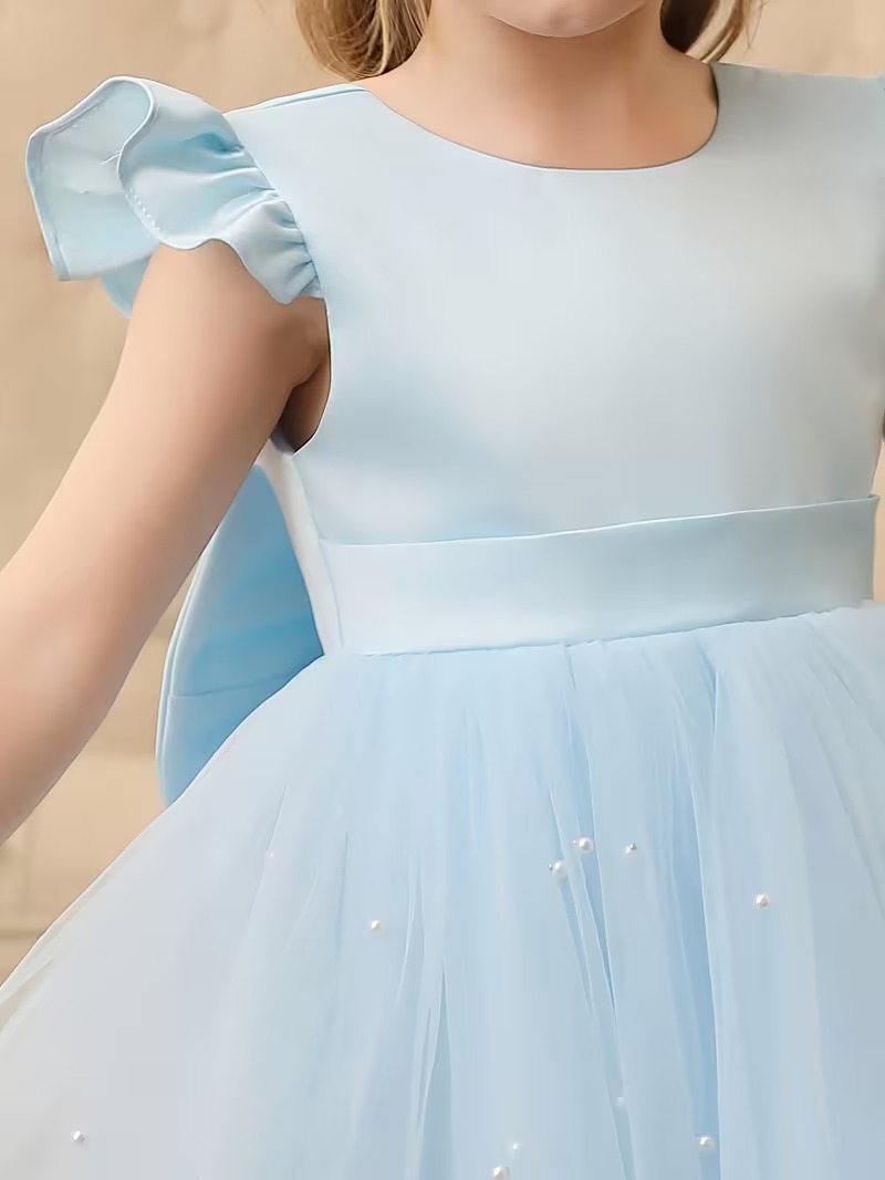 Vestido fiesta niñitas celeste de malla manga capa - Imagen 4