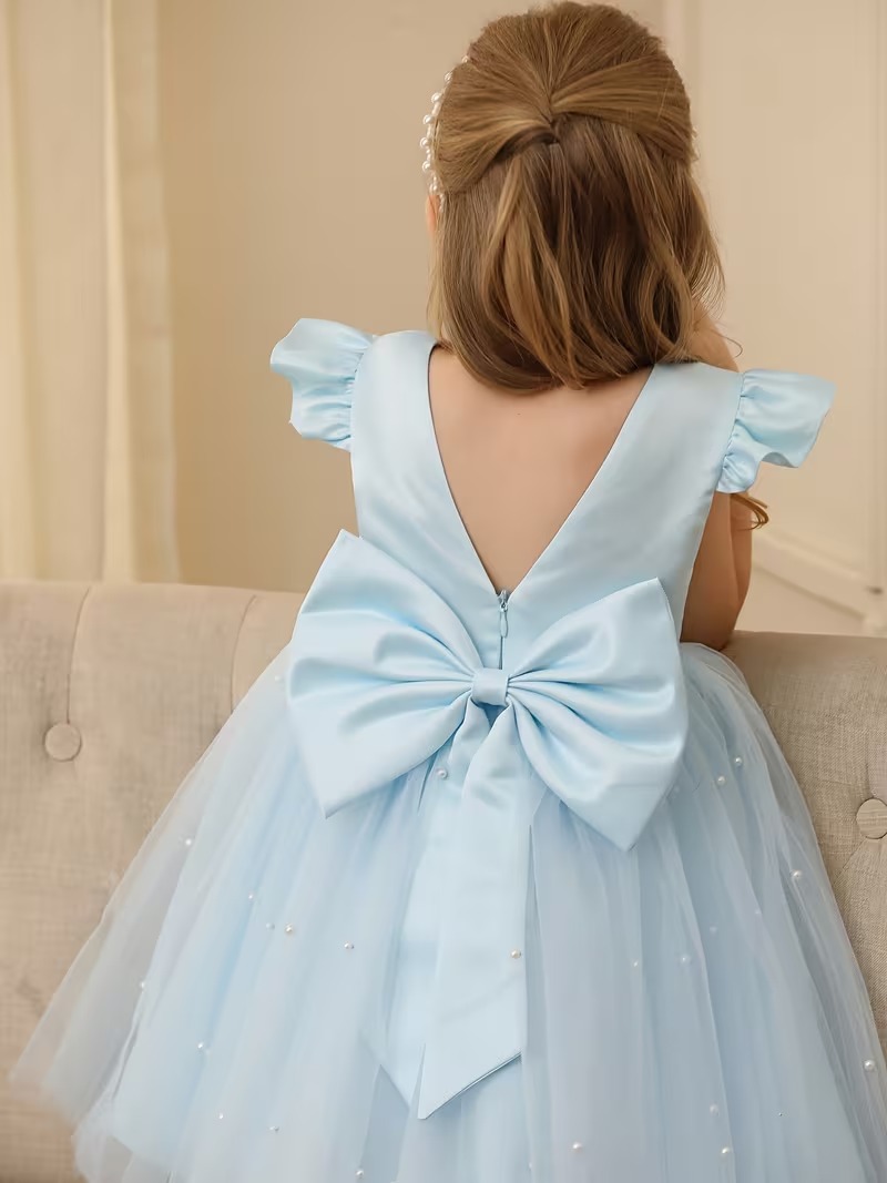 Vestido fiesta niñitas celeste de malla manga capa - Imagen 2