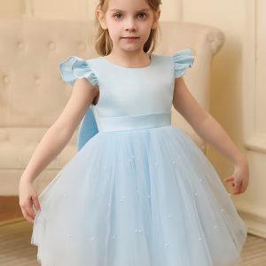 Vestido fiesta niñitas celeste de malla manga capa