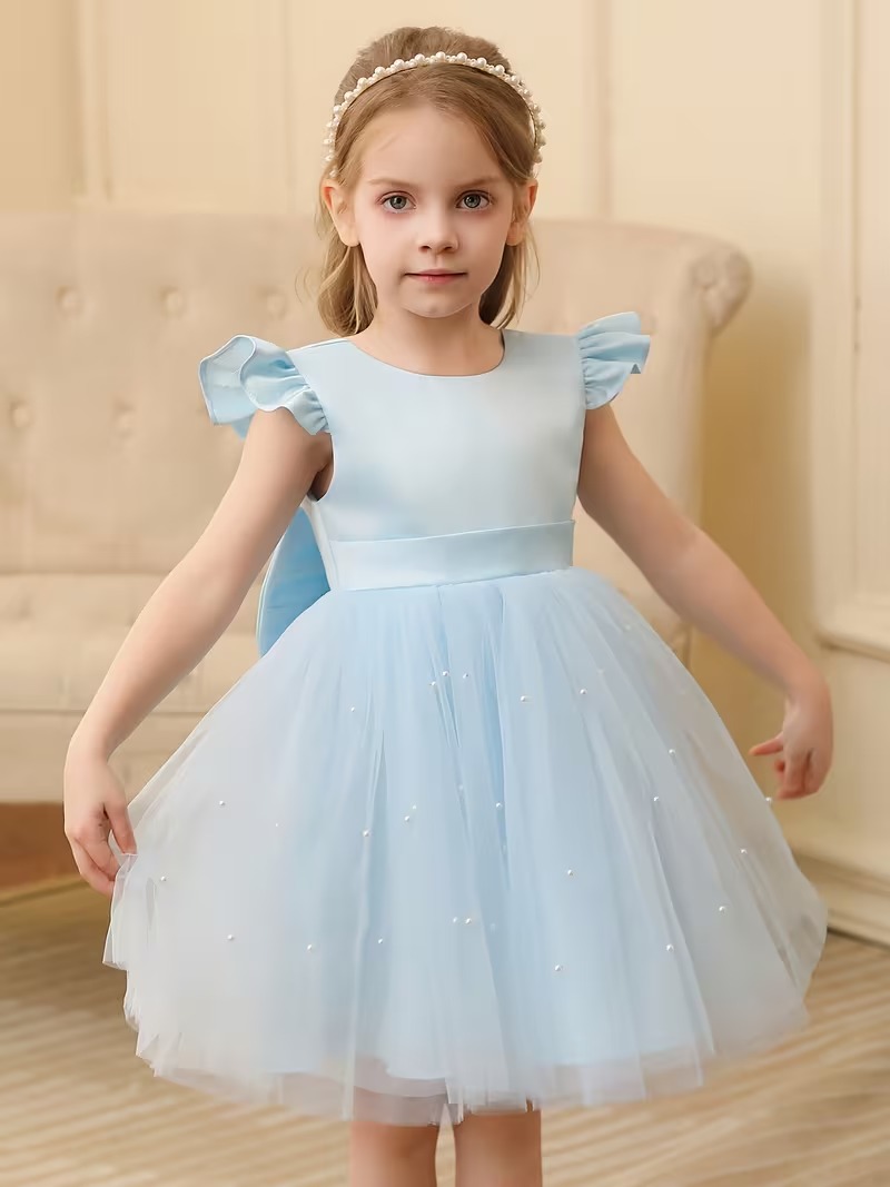 Vestido fiesta niñitas celeste de malla manga capa