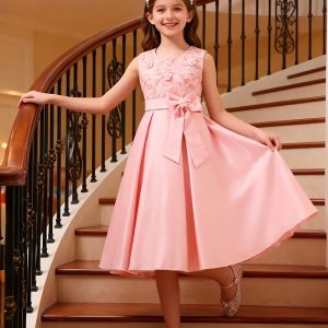 Vestido fiesta midi con lazo y flores 3d falda satén rosa