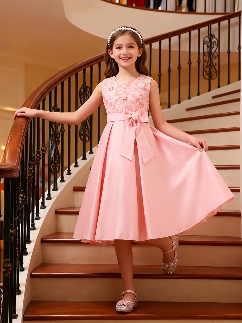Vestido fiesta midi con lazo y flores 3d falda satén rosa