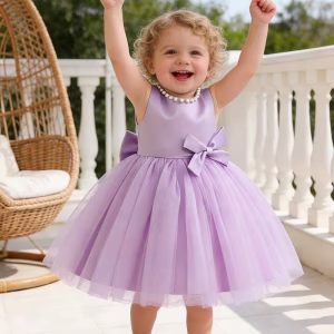 Vestido fiesta niñitas lazo delante y atrás satén y tul lila