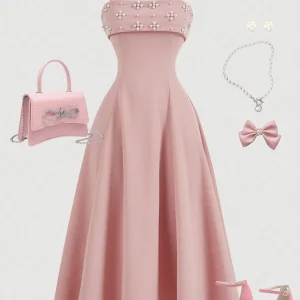 Vestido elegante con perlas pecho maxi corte baja campana rosa