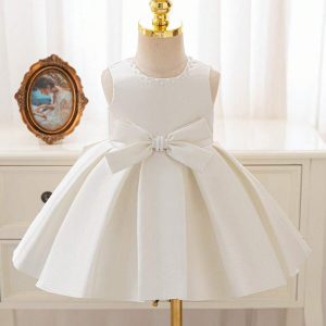 Vestido fiesta kids de jacquard perlas en cuello beis
