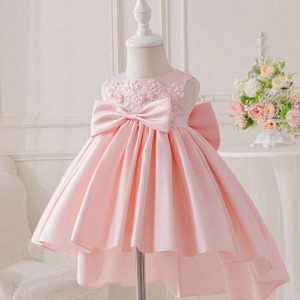 Vestido fiesta kids de satén aplicación rosas 3d rosado
