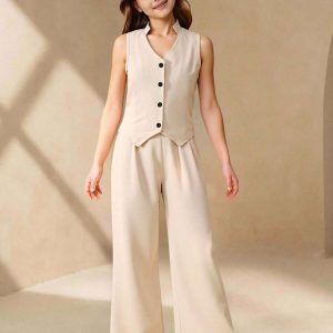 Conjunto elegante cuello alto asimétrico caqui