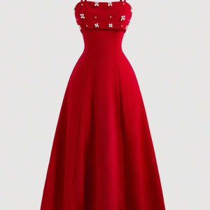 Vestido elegante con perlas pecho maxi corte baja campana rojo