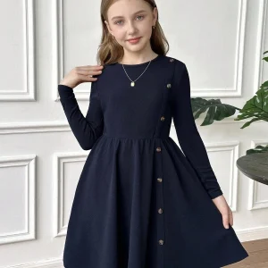 Vestido casual midi detalle botones cuello redondo azul