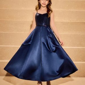 Vestido de fiesta lentejuelas y satén con lazo azul