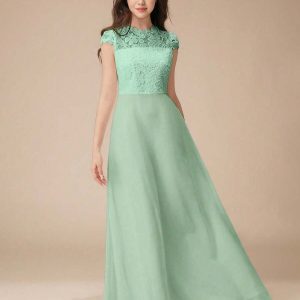 Vestido elegante gama alta satén y tul con encaje y aplique verde