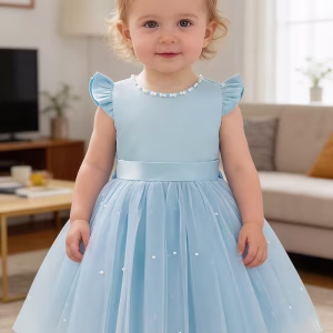 Vestido fiesta niñitas satén y tul mangas con volante celeste