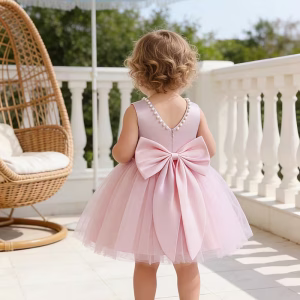 Vestido fiesta niñitas lazo delante y atrás satén y tul rosa