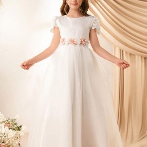 Vestido de gala elegante blanco decoración floral 3d cintura alta minimalista