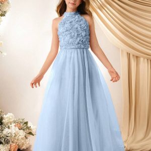 Vestido de fiesta midi linea A con aplicaciones 3d de flores