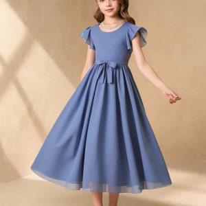 Vestido elegante gasa cuello redondo manga volante azul acero