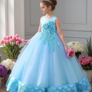 Vestido fiesta flores 3d tul bordado bajo celeste