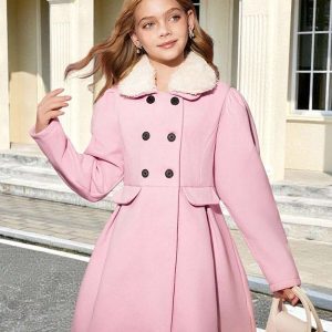 Abrigo elegante doble botonadura con peluche desmontable rosa