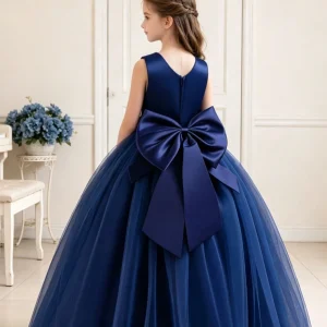 Vestido fiesta princesa azul lazo y pedrería cintura