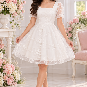 Vestido elegante blanco corto bordado flores