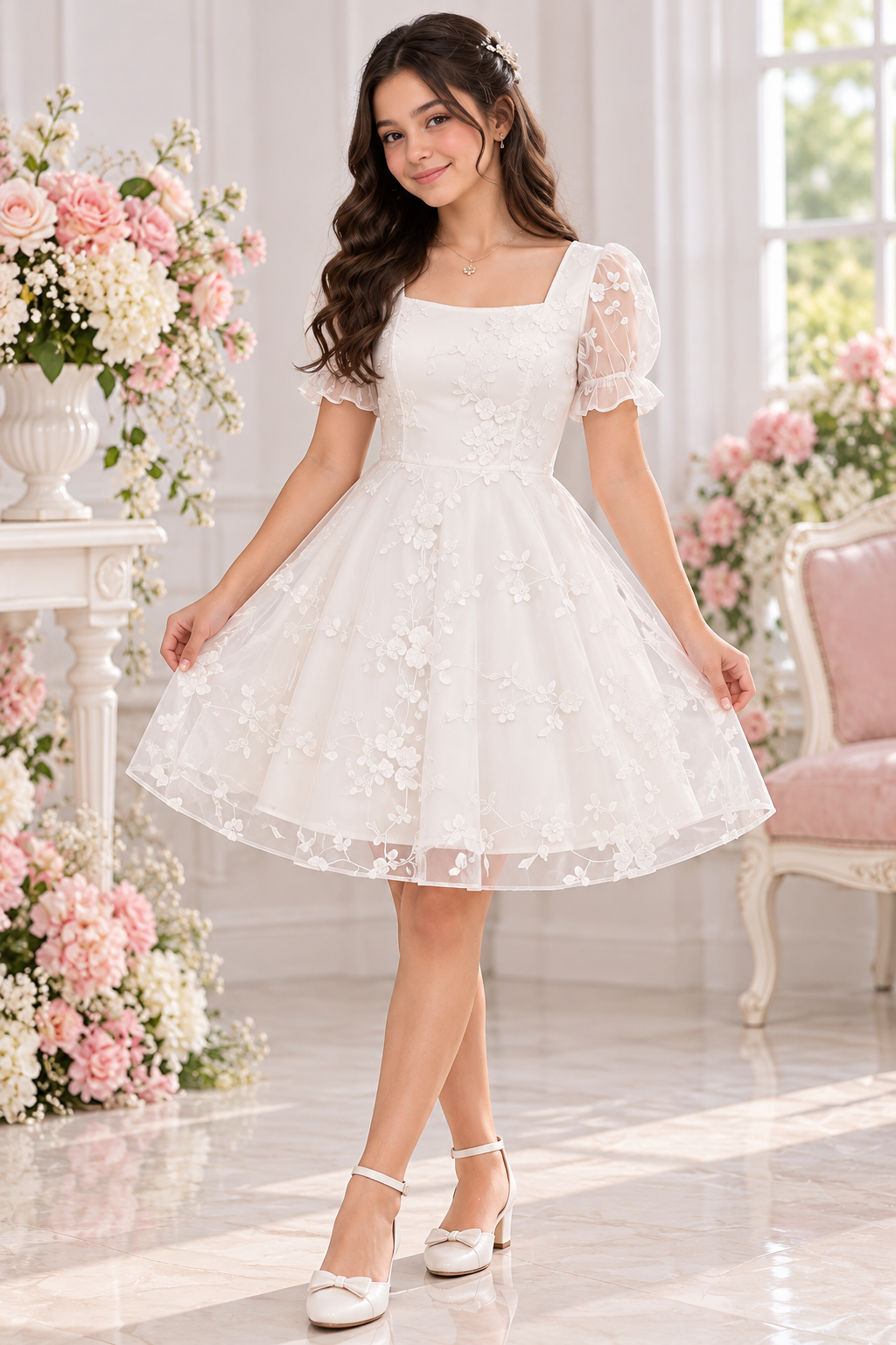 Vestido elegante blanco corto bordado flores