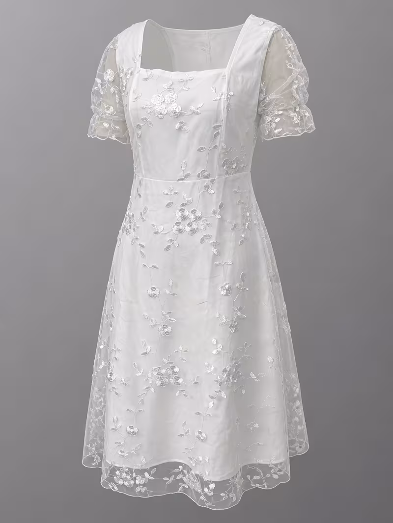 Vestido elegante blanco estampado flores manga corta - Imagen 2