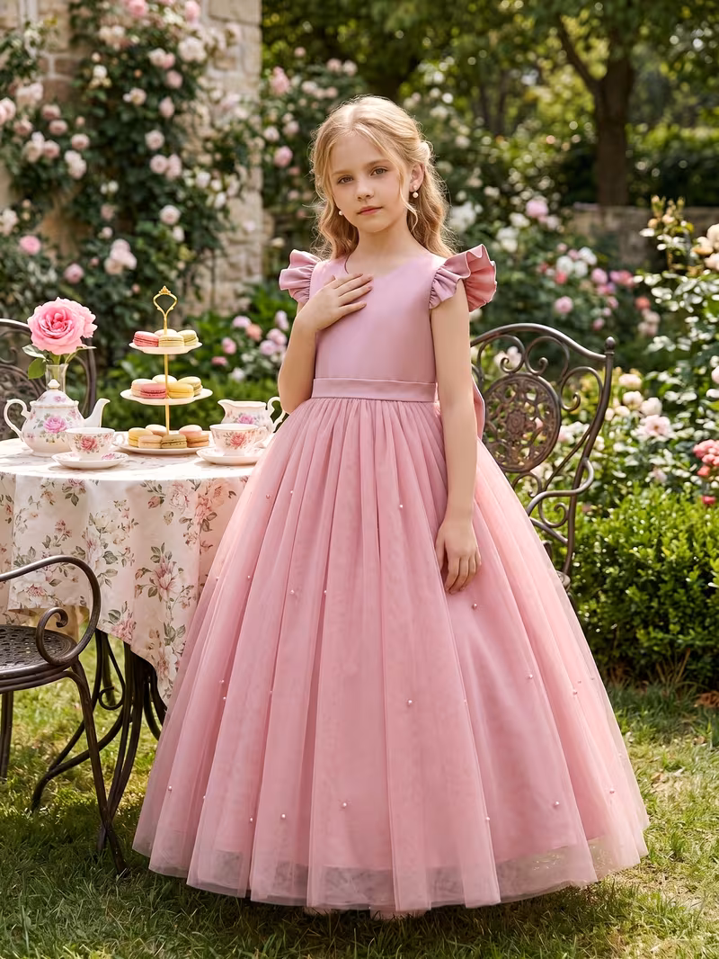 Vestido de fiesta maxi perlas lazo corto atrás manga capa rosado - Imagen 2