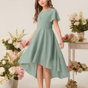 Vestido elegante asimétrico  gasa cuello redondo cola de pato verde