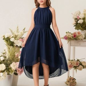 Vestido gasa elegante cuello halter asimetrico azul