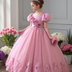 Vestido de fiesta bordado floral glamour rosado