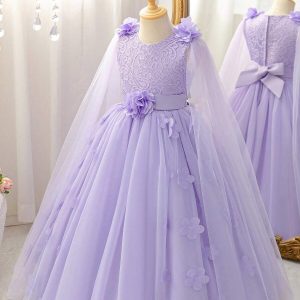 Vestido de fiesta mangas chal flores 3d lila