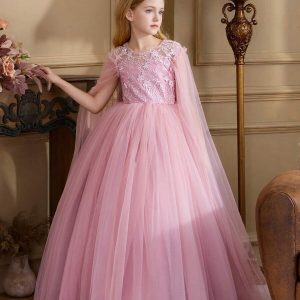 Vestido de fiesta princesa detalles encaje bordado pecho rosado