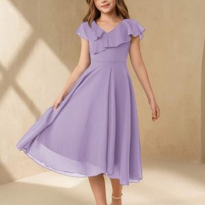Vestido casual elegante gasa, minimalista cuello volantes en V lila