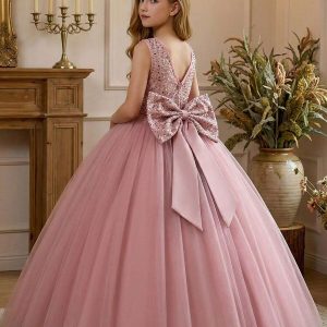 Vestido de fiesta tul y lentejuelas espalda en V con lazo rosado