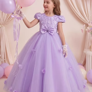 Vestido de fiesta lazo cintura detalle flores 3D lila