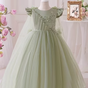 Vestido de fiesta flores 3d verde olivo satén y tul pecho capas