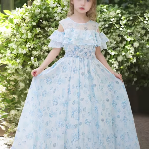 Vestido casual floral maxi linea A acampanado hojas celeste