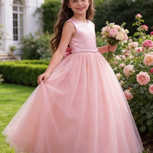 Vestido de fiesta rosado con tul con perlas en cintura
