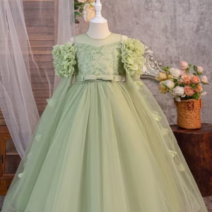 Vestido de fiesta flores 3d hombros bordado verde olivo